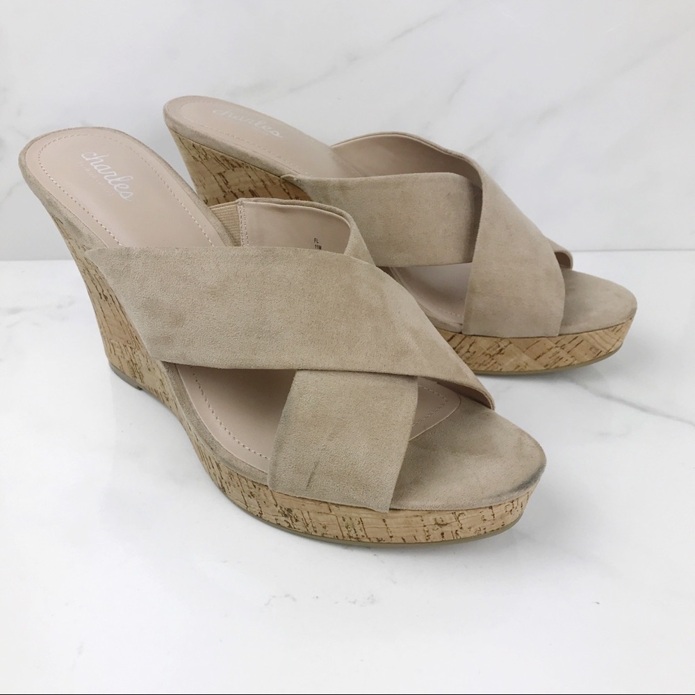 Charles David Beige Suede Wedge Mules Slides 11